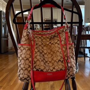 Coach Brown and Red Signature Shoulder Bag